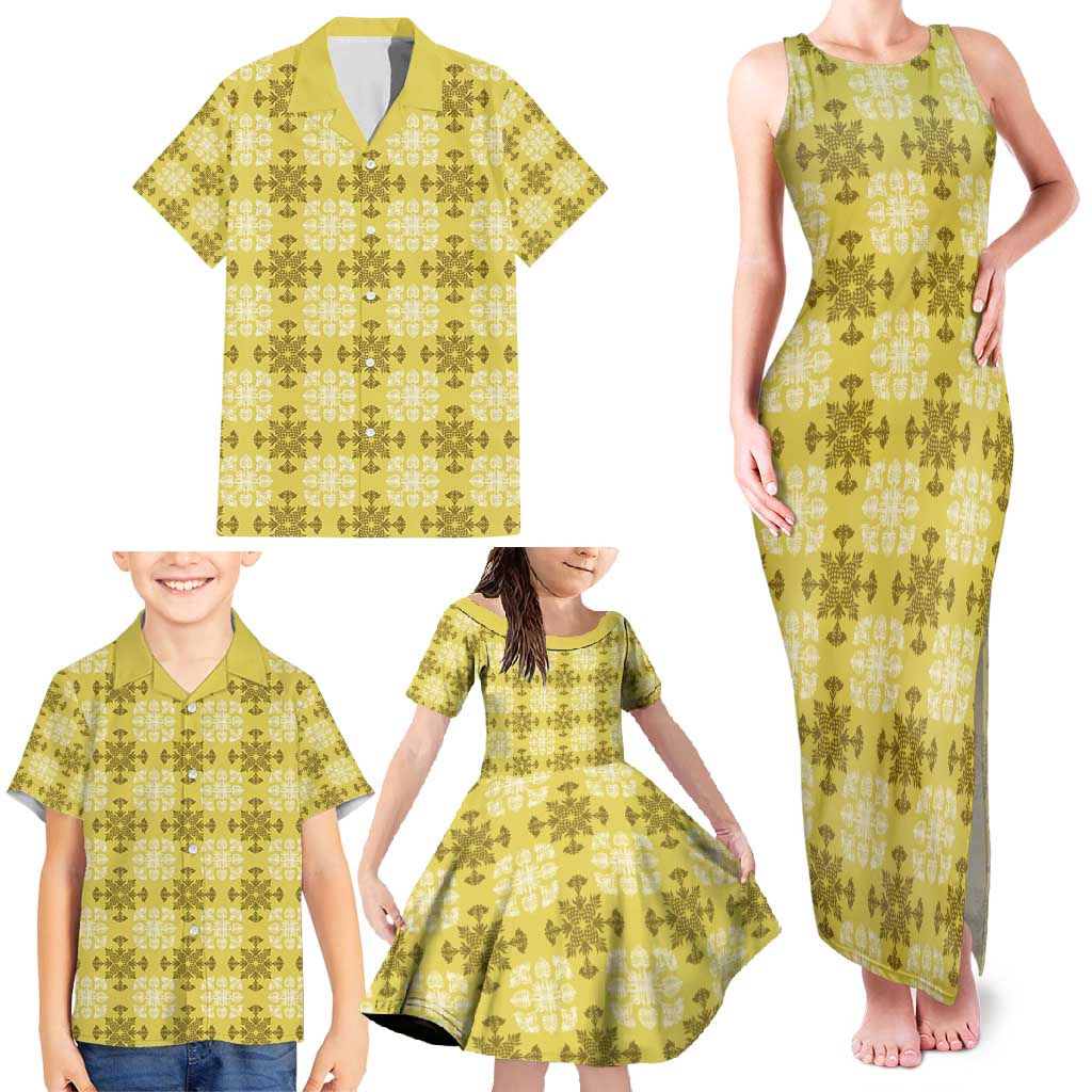 Yellow Hawaiian Quilt Family Matching Tank Maxi Dress and Hawaiian Shirt Hawaii Pineapple Monstera Palaka Motifs - Polynesian Pride