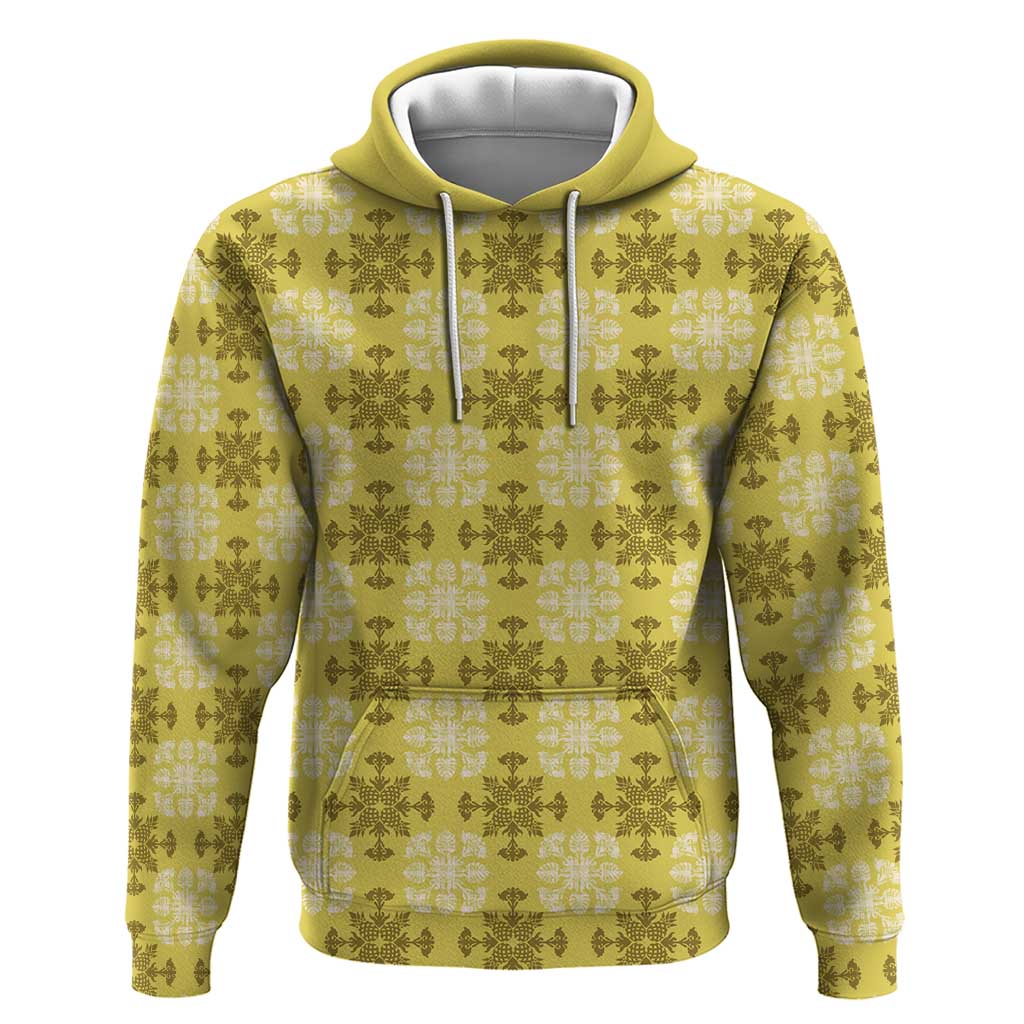 Yellow Hawaiian Quilt Hoodie Hawaii Pineapple Monstera Palaka Motifs - Polynesian Pride