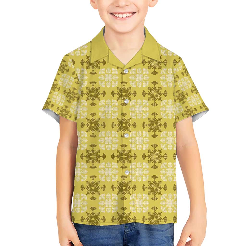 Yellow Hawaiian Quilt Kid Hawaiian Shirt Hawaii Pineapple Monstera Palaka Motifs - Polynesian Pride
