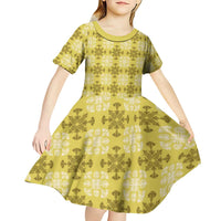 Yellow Hawaiian Quilt Kid Short Sleeve Dress Hawaii Pineapple Monstera Palaka Motifs - Polynesian Pride