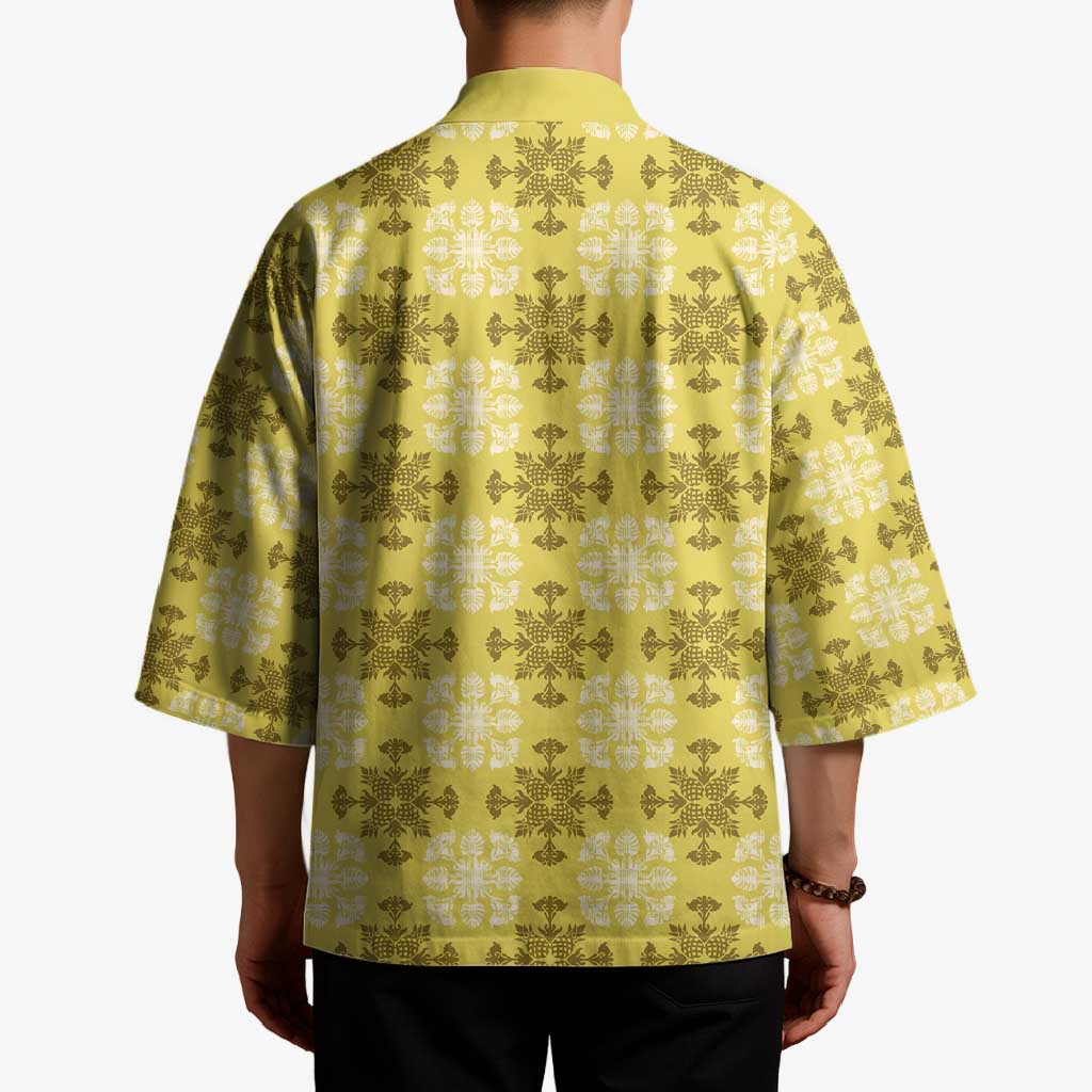 Yellow Hawaiian Quilt Kimono Hawaii Pineapple Monstera Palaka Motifs - Polynesian Pride
