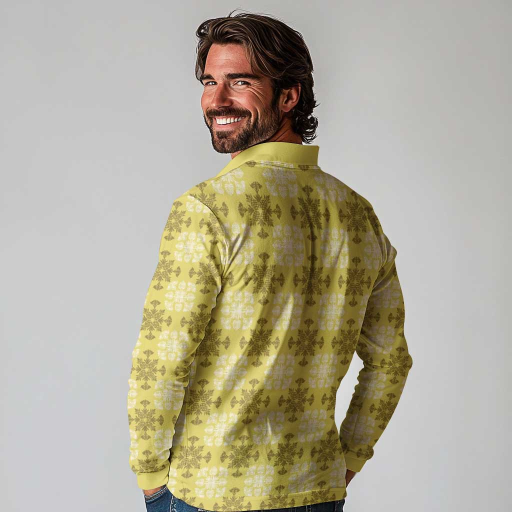 Yellow Hawaiian Quilt Long Sleeve Polo Shirt Hawaii Pineapple Monstera Palaka Motifs - Polynesian Pride