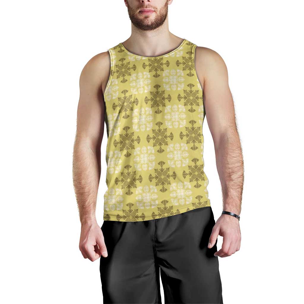Yellow Hawaiian Quilt Men Tank Top Hawaii Pineapple Monstera Palaka Motifs - Polynesian Pride