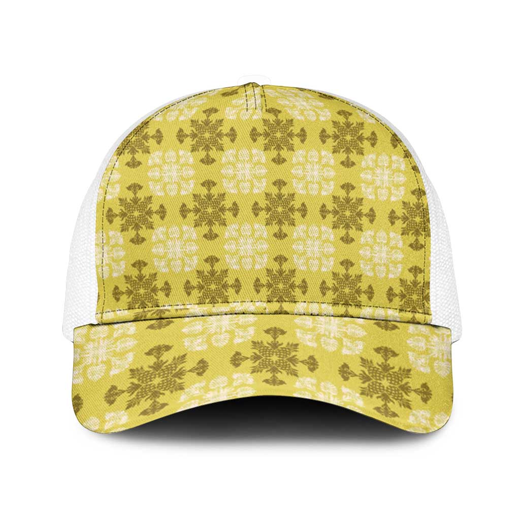 Yellow Hawaiian Quilt Mesh Trucker Cap Hawaii Pineapple Monstera Palaka Motifs - Polynesian Pride
