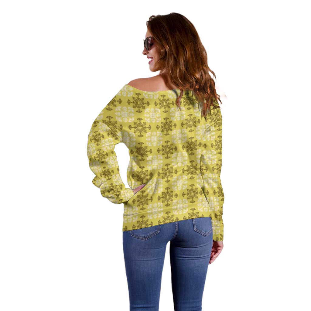 Yellow Hawaiian Quilt Off Shoulder Sweater Hawaii Pineapple Monstera Palaka Motifs - Polynesian Pride