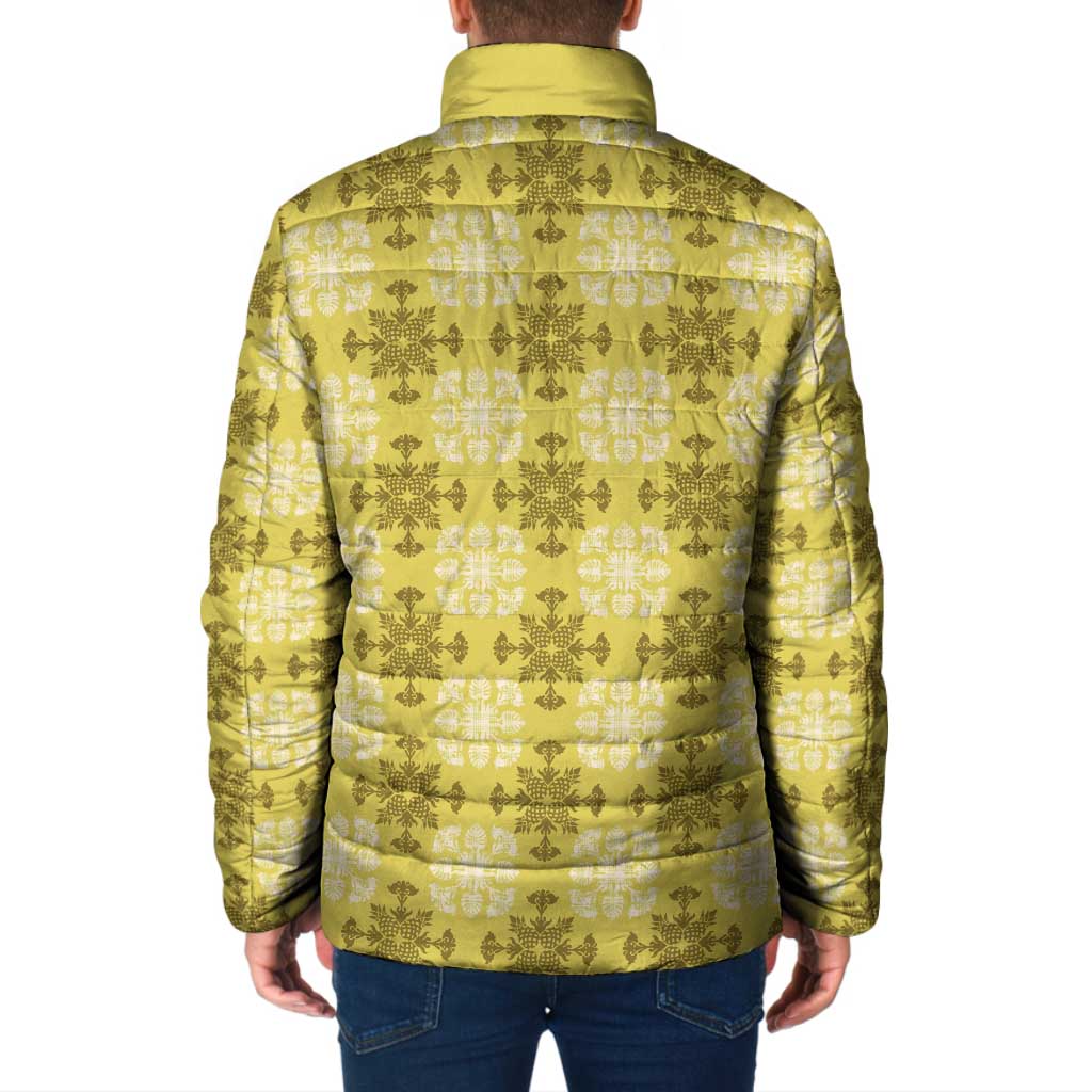 Yellow Hawaiian Quilt Padded Jacket Hawaii Pineapple Monstera Palaka Motifs - Polynesian Pride