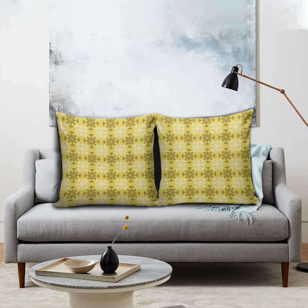 Yellow Hawaiian Quilt Pillow Cover Hawaii Pineapple Monstera Palaka Motifs - Polynesian Pride