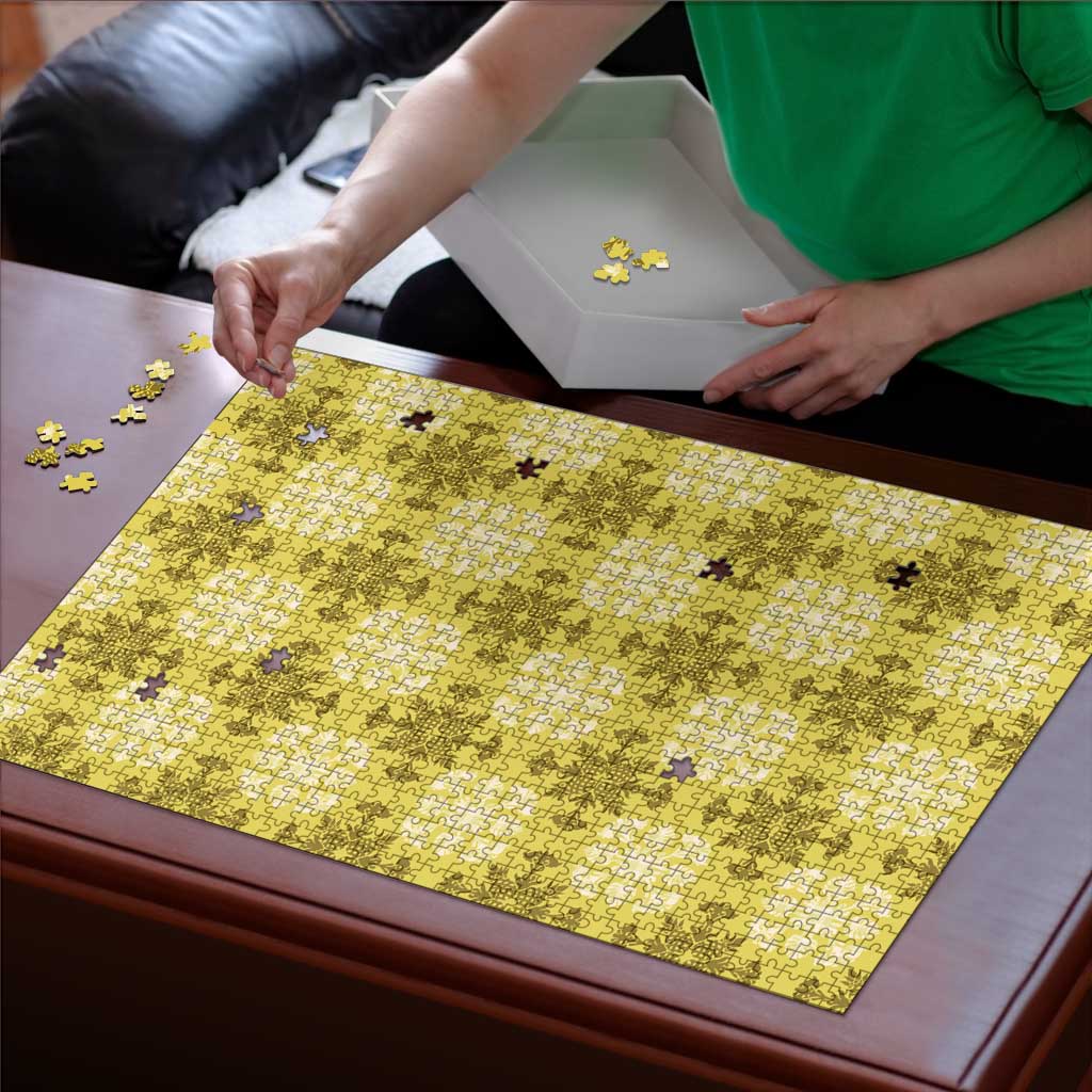 Yellow Hawaiian Quilt Puzzle Hawaii Pineapple Monstera Palaka Motifs - Polynesian Pride