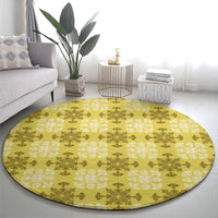 Yellow Hawaiian Quilt Round Carpet Hawaii Pineapple Monstera Palaka Motifs - Polynesian Pride