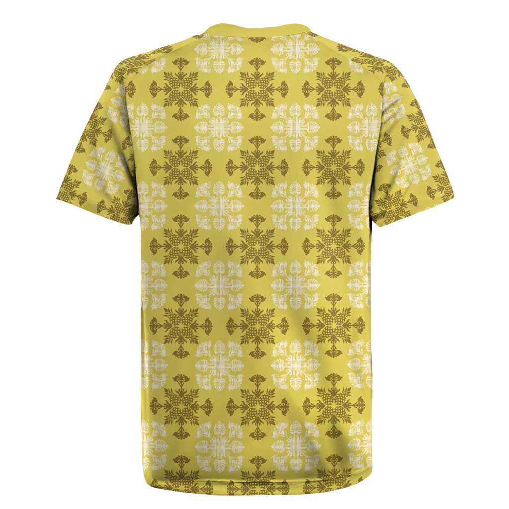 Yellow Hawaiian Quilt Rugby Jersey Hawaii Pineapple Monstera Palaka Motifs - Polynesian Pride