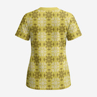 Yellow Hawaiian Quilt Scrub Top Hawaii Pineapple Monstera Palaka Motifs - Polynesian Pride