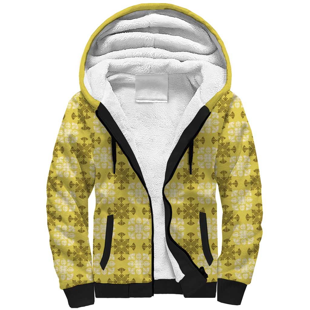 Yellow Hawaiian Quilt Sherpa Hoodie Hawaii Pineapple Monstera Palaka Motifs - Polynesian Pride