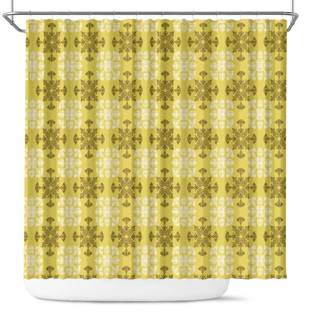 Yellow Hawaiian Quilt Shower Curtain Hawaii Pineapple Monstera Palaka Motifs - Polynesian Pride