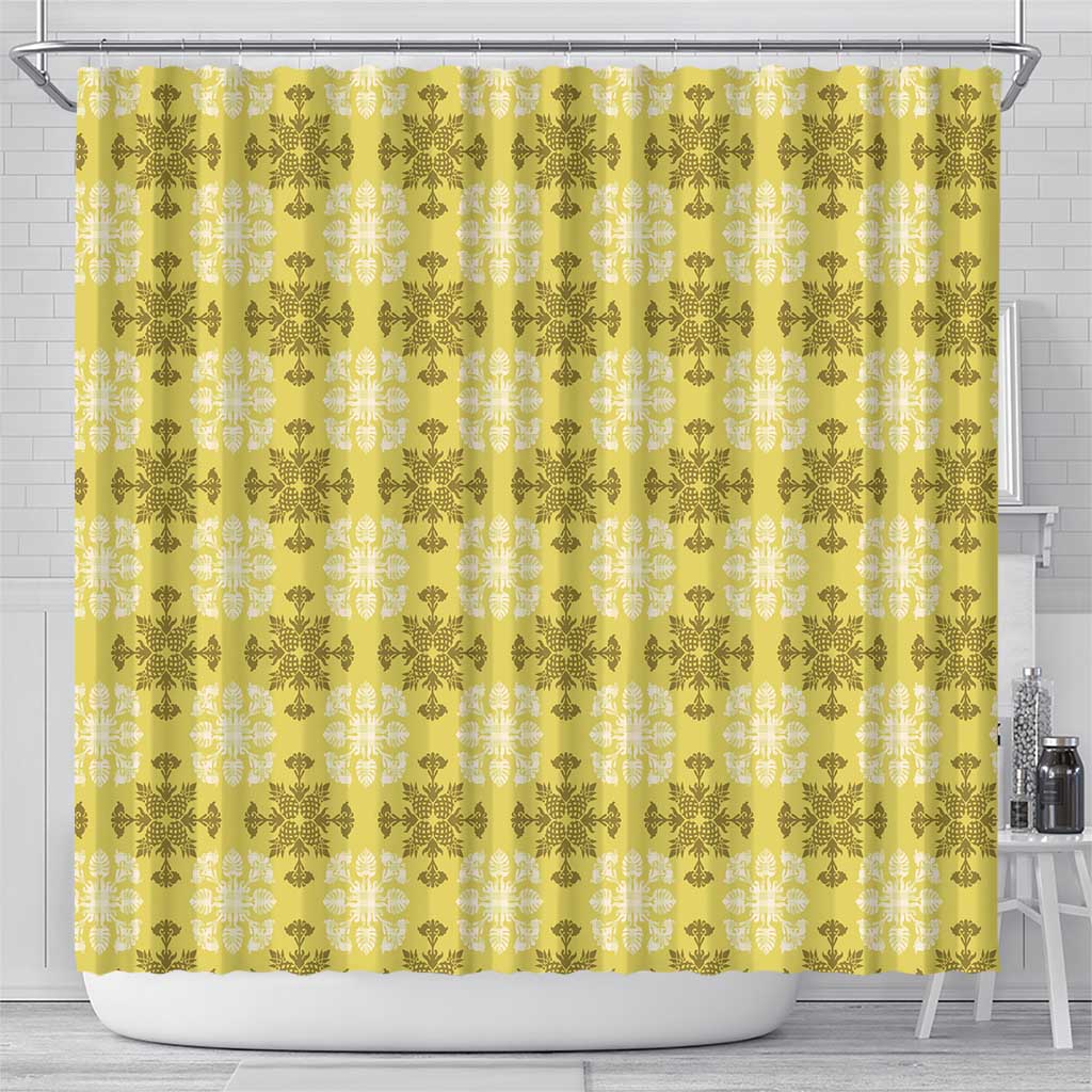 Yellow Hawaiian Quilt Shower Curtain Hawaii Pineapple Monstera Palaka Motifs - Polynesian Pride