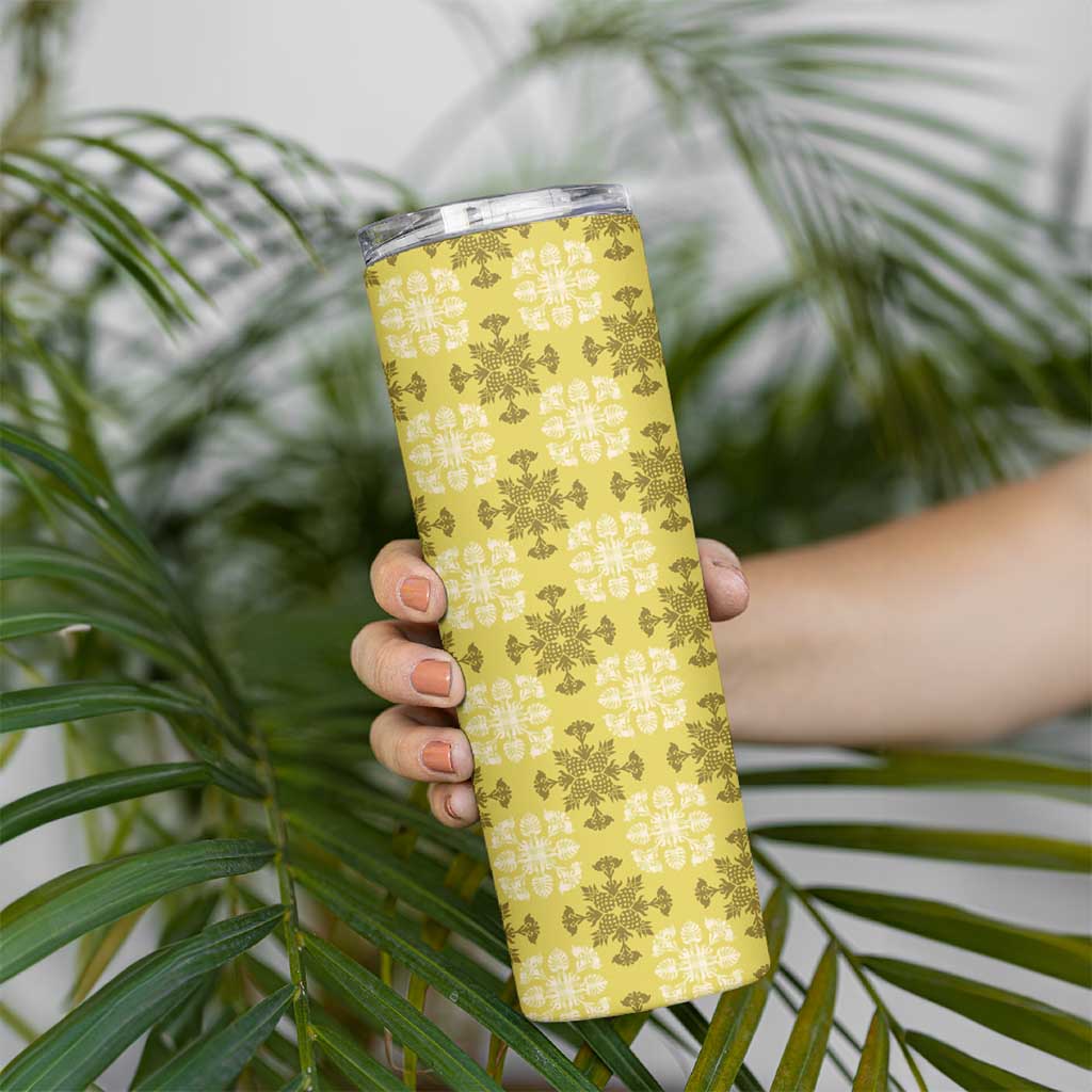 Yellow Hawaiian Quilt Skinny Tumbler Hawaii Pineapple Monstera Palaka Motifs - Polynesian Pride