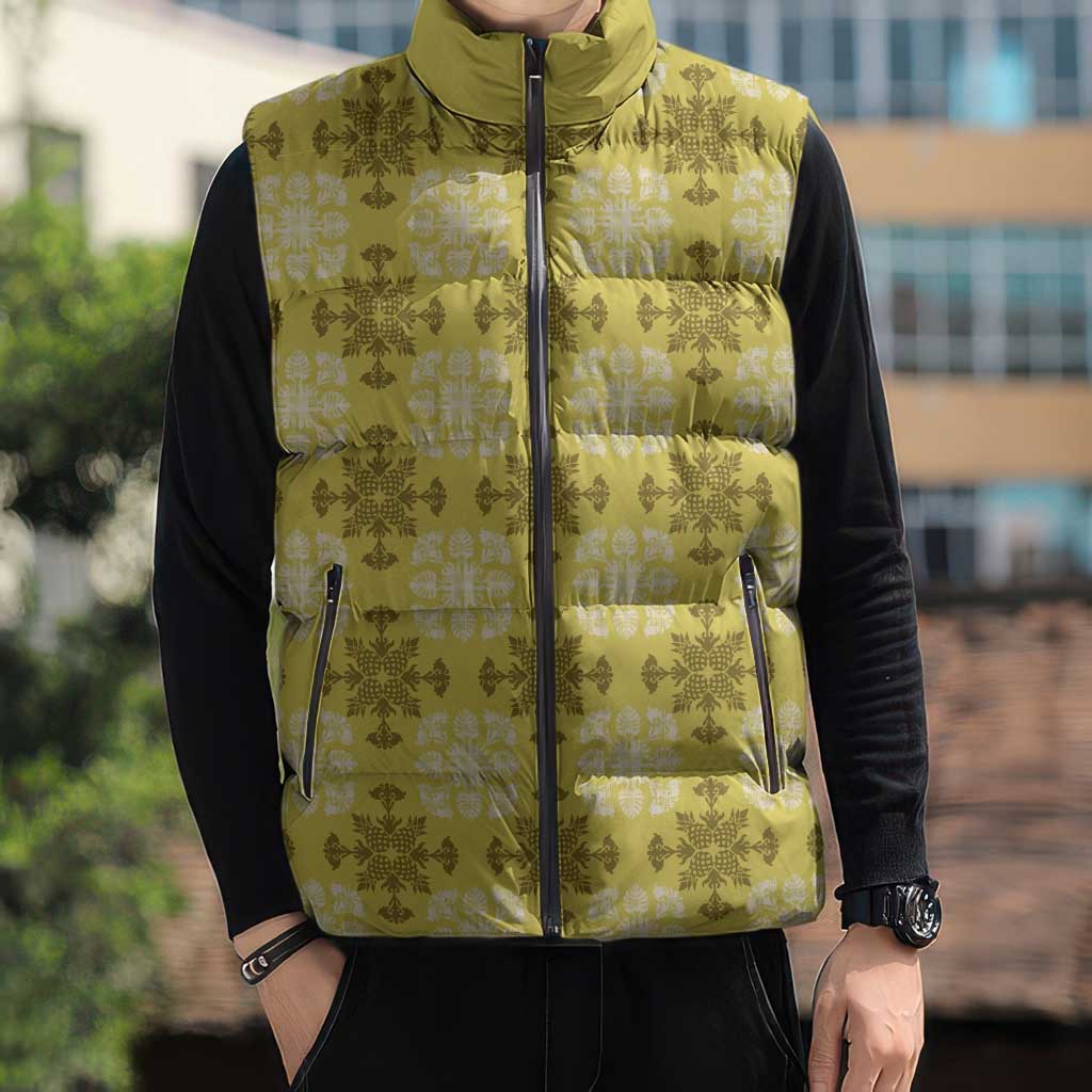 Yellow Hawaiian Quilt Sleeveless Puffer Jacket Hawaii Pineapple Monstera Palaka Motifs - Polynesian Pride