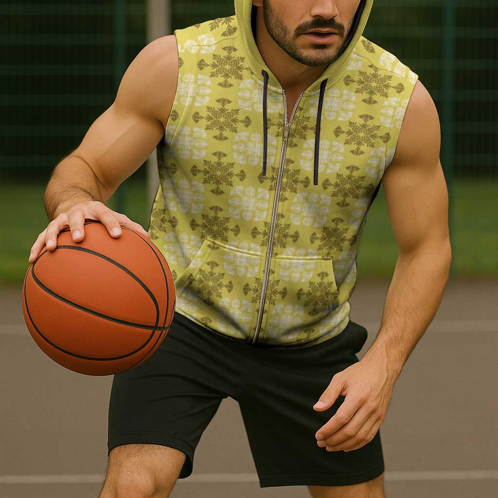 Yellow Hawaiian Quilt Sleeveless Zip Hoodie Hawaii Pineapple Monstera Palaka Motifs - Polynesian Pride