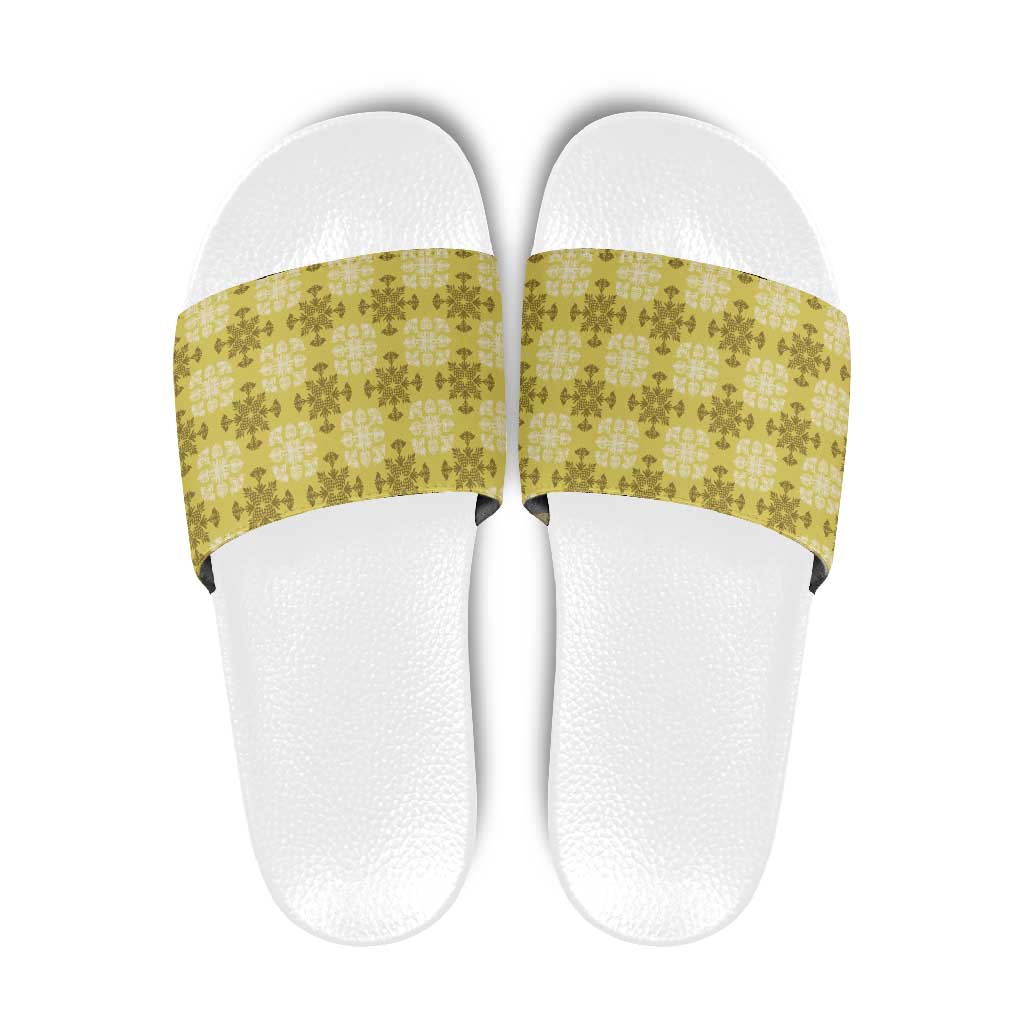 Yellow Hawaiian Quilt Slide Sandals Hawaii Pineapple Monstera Palaka Motifs - Polynesian Pride