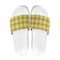 Yellow Hawaiian Quilt Slide Sandals Hawaii Pineapple Monstera Palaka Motifs - Polynesian Pride