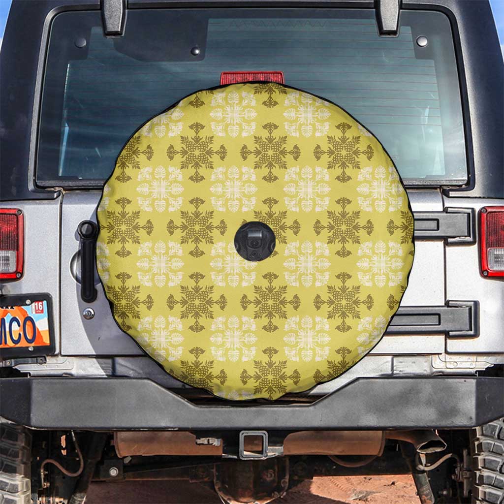 Yellow Hawaiian Quilt Spare Tire Cover Hawaii Pineapple Monstera Palaka Motifs - Polynesian Pride
