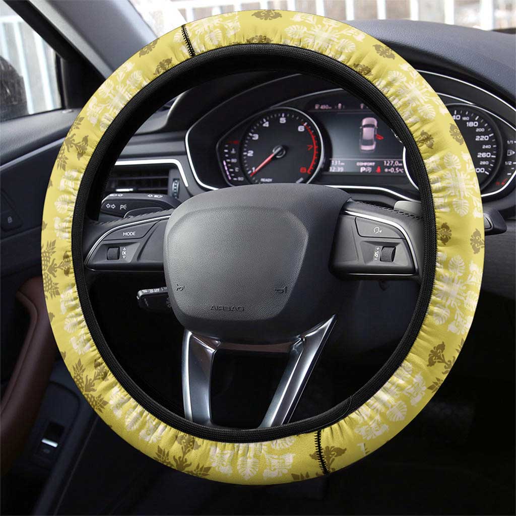 Yellow Hawaiian Quilt Steering Wheel Cover Hawaii Pineapple Monstera Palaka Motifs - Polynesian Pride
