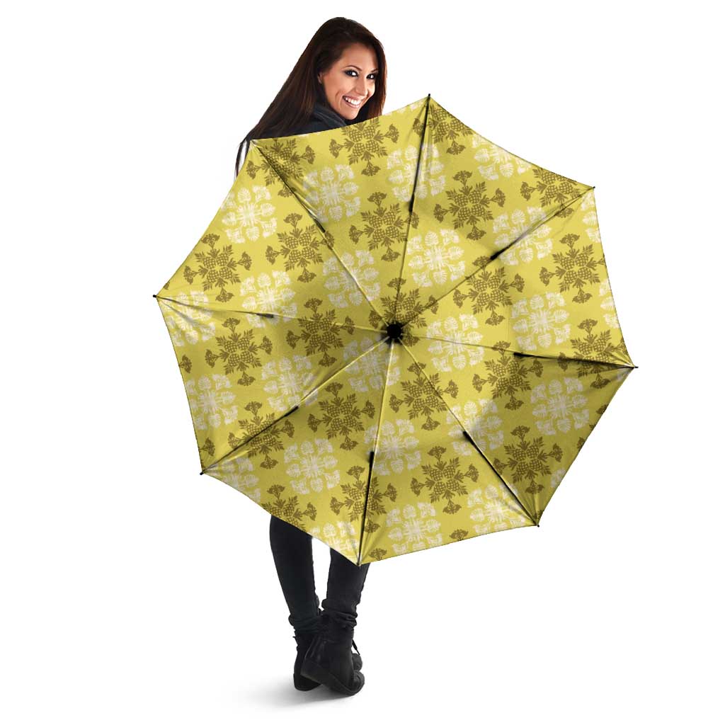 Yellow Hawaiian Quilt Umbrella Hawaii Pineapple Monstera Palaka Motifs - Polynesian Pride
