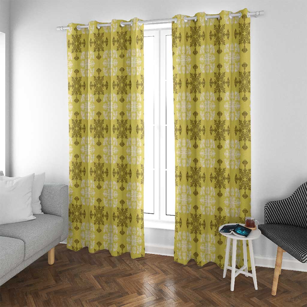 Yellow Hawaiian Quilt Window Curtain Hawaii Pineapple Monstera Palaka Motifs - Polynesian Pride