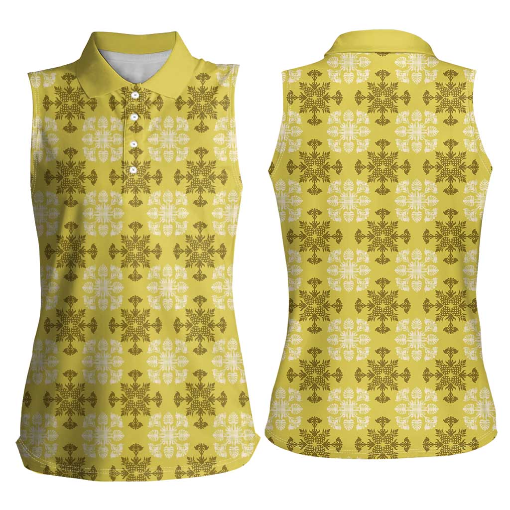 Yellow Hawaiian Quilt Women Sleeveless Polo Shirt Hawaii Pineapple Monstera Palaka Motifs - Polynesian Pride