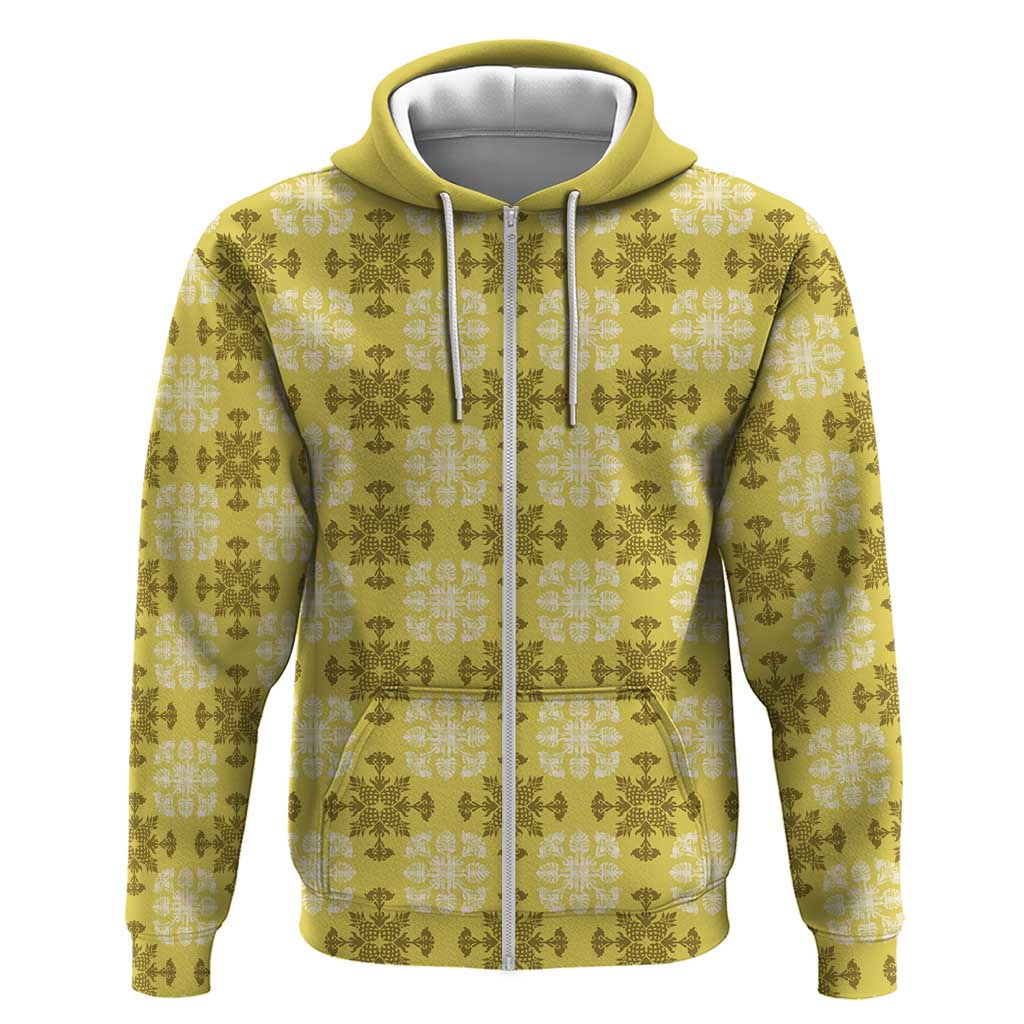 Yellow Hawaiian Quilt Zip Hoodie Hawaii Pineapple Monstera Palaka Motifs - Polynesian Pride
