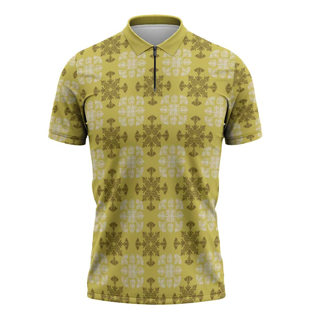 Yellow Hawaiian Quilt Zipper Polo Shirt Hawaii Pineapple Monstera Palaka Motifs - Polynesian Pride