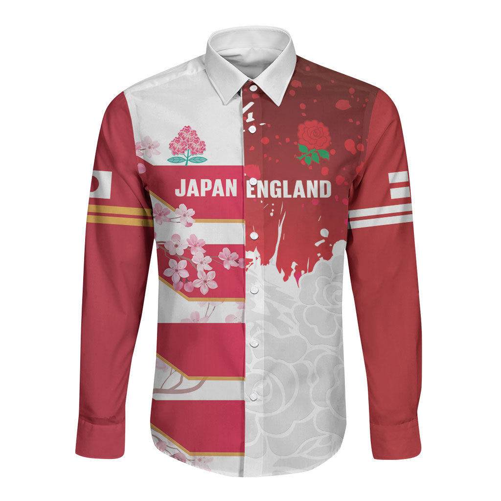 Japan and England Rugby Custom Long Sleeve Button Shirt Brave Blossoms Red Roses Together LT14 Unisex Red - Polynesian Pride