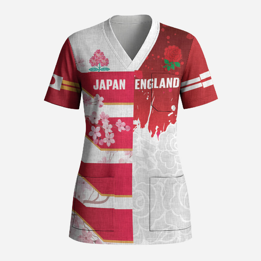 Japan and England Rugby Custom Scrub Top Brave Blossoms Red Roses Together LT14 Adult Red - Polynesian Pride