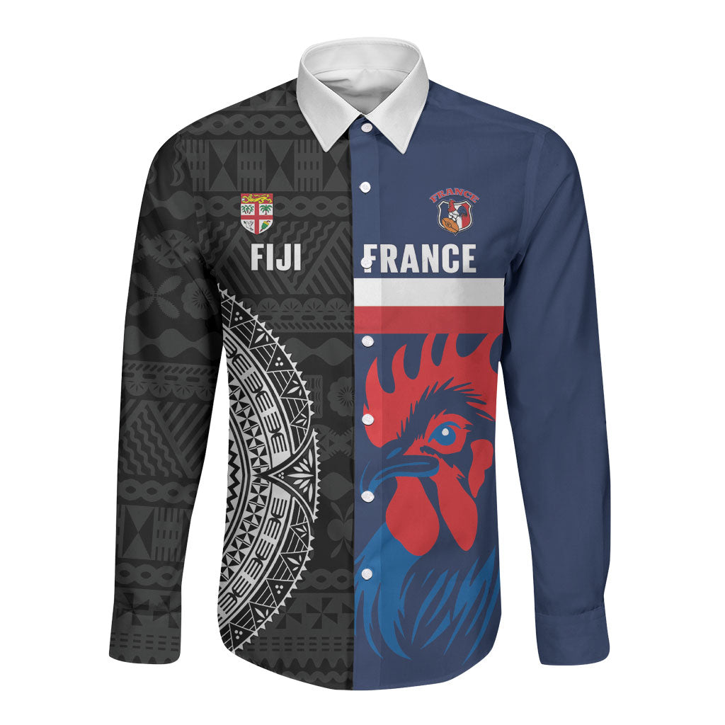 Fiji and France Rugby Custom Long Sleeve Button Shirt Flying Fijian Les Bleus Together LT14 Unisex Multicolor - Polynesian Pride