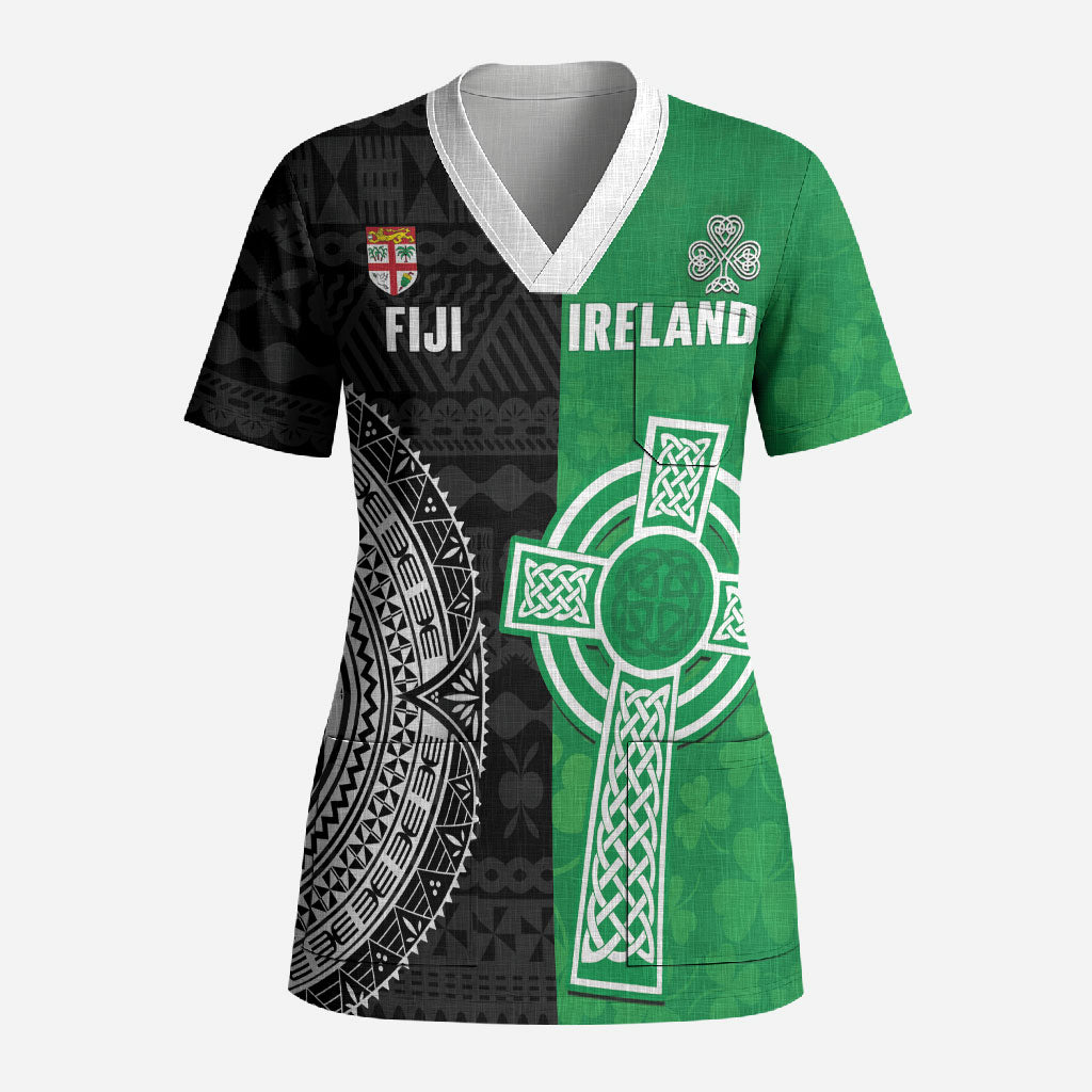 Fiji and Ireland Rugby Custom Scrub Top Flying Fijian Irish Shamrocks Together LT14 Adult Multicolor - Polynesian Pride