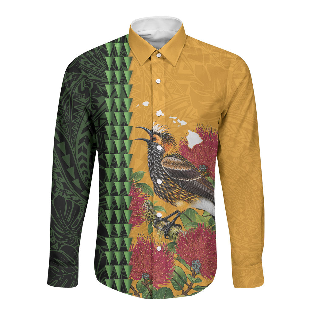 Personalized Hawaii Akohekohe Ohia Lehua Long Sleeve Button Shirt Crested Honeycreeper Kakau Hawaiian Pattern LT14 Unisex Orange - Polynesian Pride