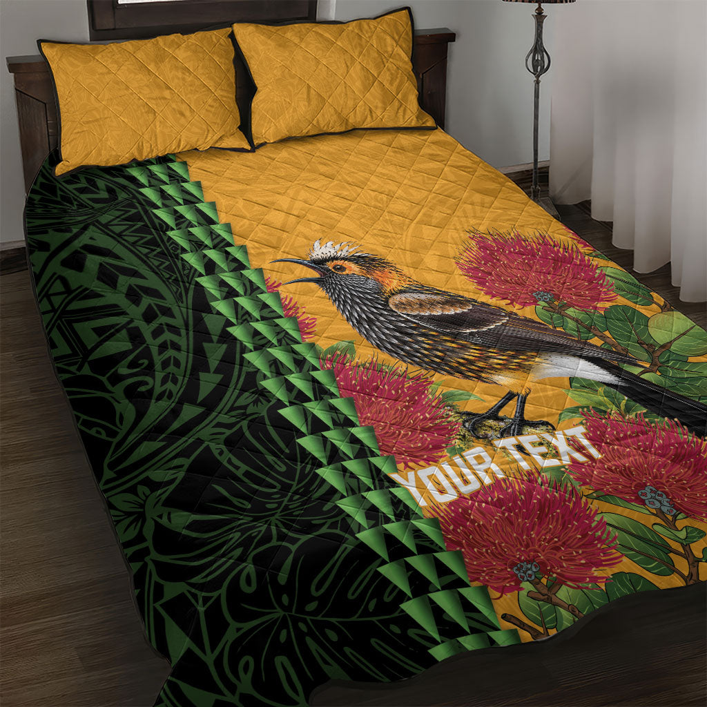 Personalized Hawaii Akohekohe Ohia Lehua Quilt Bed Set Crested Honeycreeper Kakau Hawaiian Pattern LT14 Orange - Polynesian Pride