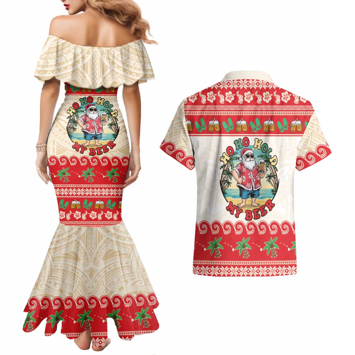 Mele Kalikimaka Hawaii Couples Matching Mermaid Dress and Hawaiian Shirt Funny Beer-Loving Santa Hawaiian Tropical - Polynesian Pride