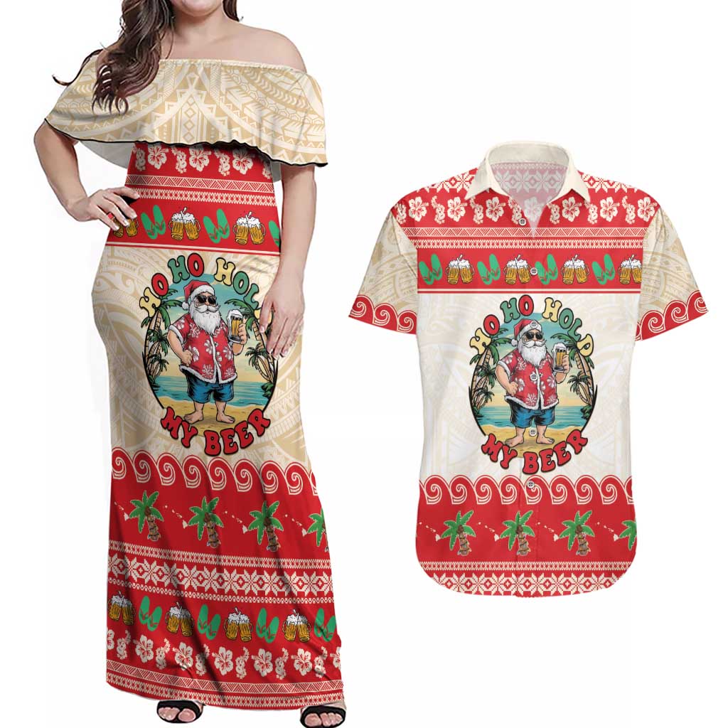Mele Kalikimaka Hawaii Couples Matching Off Shoulder Maxi Dress and Hawaiian Shirt Funny Beer-Loving Santa Hawaiian Tropical - Polynesian Pride