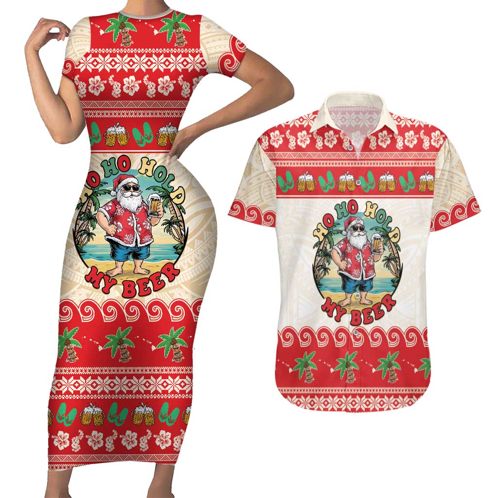 Mele Kalikimaka Hawaii Couples Matching Short Sleeve Bodycon Dress and Hawaiian Shirt Funny Beer-Loving Santa Hawaiian Tropical - Polynesian Pride