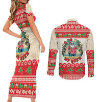 Mele Kalikimaka Hawaii Couples Matching Short Sleeve Bodycon Dress and Long Sleeve Button Shirt Funny Beer-Loving Santa Hawaiian Tropical - Polynesian Pride