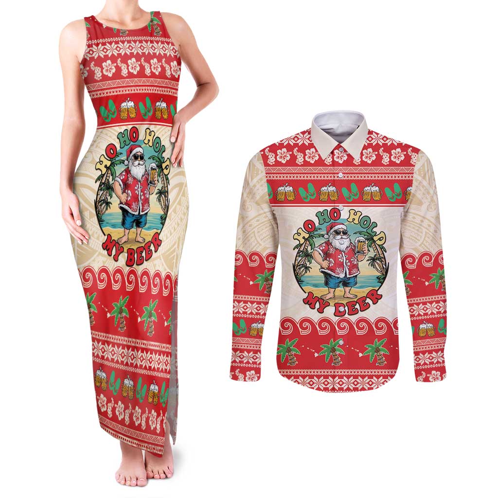 Mele Kalikimaka Hawaii Couples Matching Tank Maxi Dress and Long Sleeve Button Shirt Funny Beer-Loving Santa Hawaiian Tropical LT14 Red - Polynesian Pride