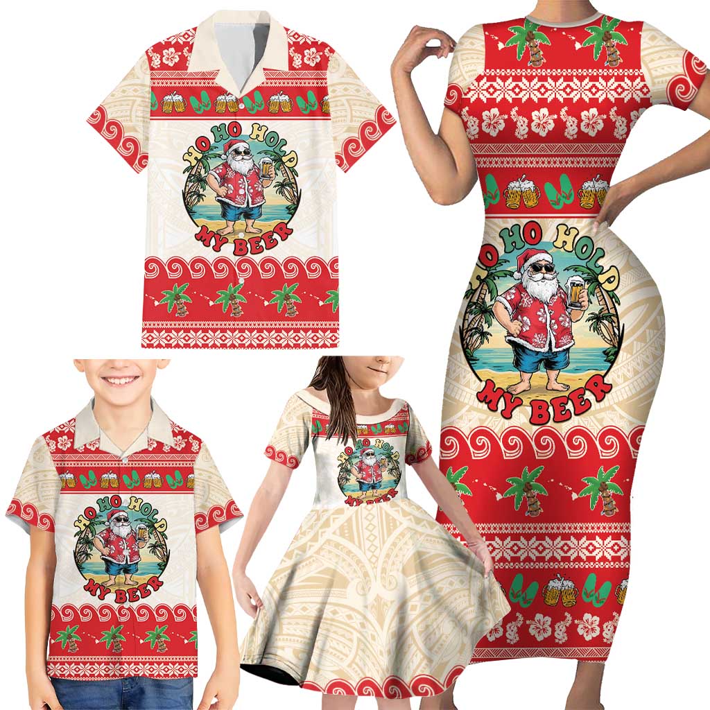 Mele Kalikimaka Hawaii Family Matching Short Sleeve Bodycon Dress and Hawaiian Shirt Funny Beer-Loving Santa Hawaiian Tropical - Polynesian Pride