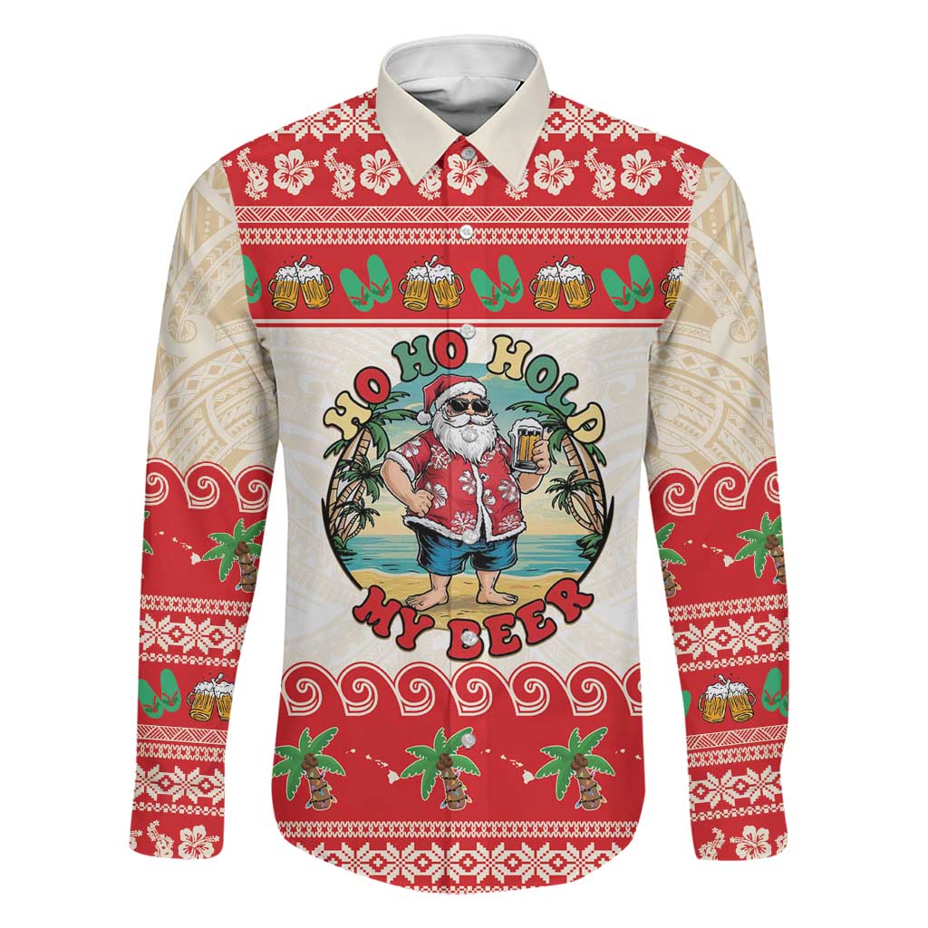 Mele Kalikimaka Hawaii Family Matching Summer Maxi Dress and Hawaiian Shirt Funny Beer-Loving Santa Hawaiian Tropical LT14 Dad's Shirt - Long Sleeve Red - Polynesian Pride