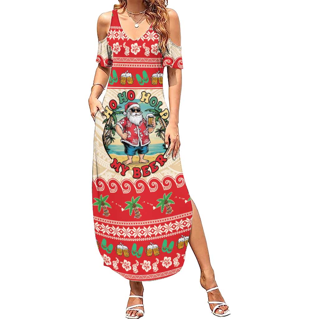Mele Kalikimaka Hawaii Family Matching Summer Maxi Dress and Hawaiian Shirt Funny Beer-Loving Santa Hawaiian Tropical LT14 Mom's Dress Red - Polynesian Pride