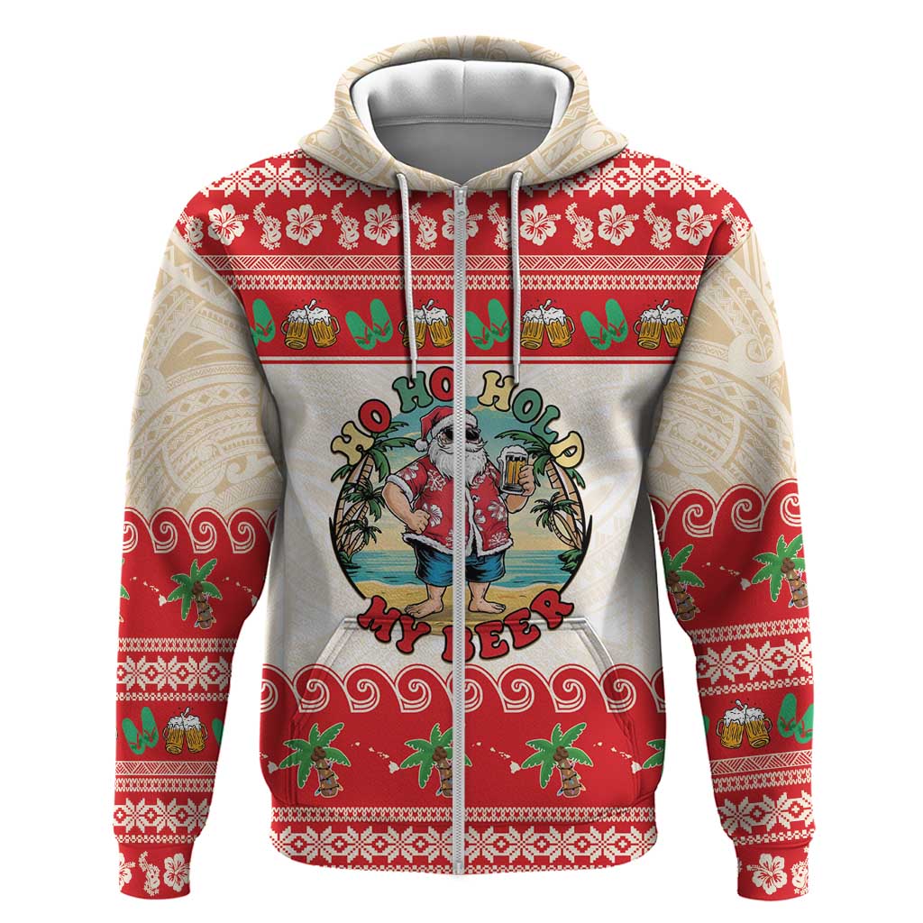 Mele Kalikimaka Hawaii Hoodie Funny Beer-Loving Santa Hawaiian Tropical LT14 Zip Hoodie Red - Polynesian Pride
