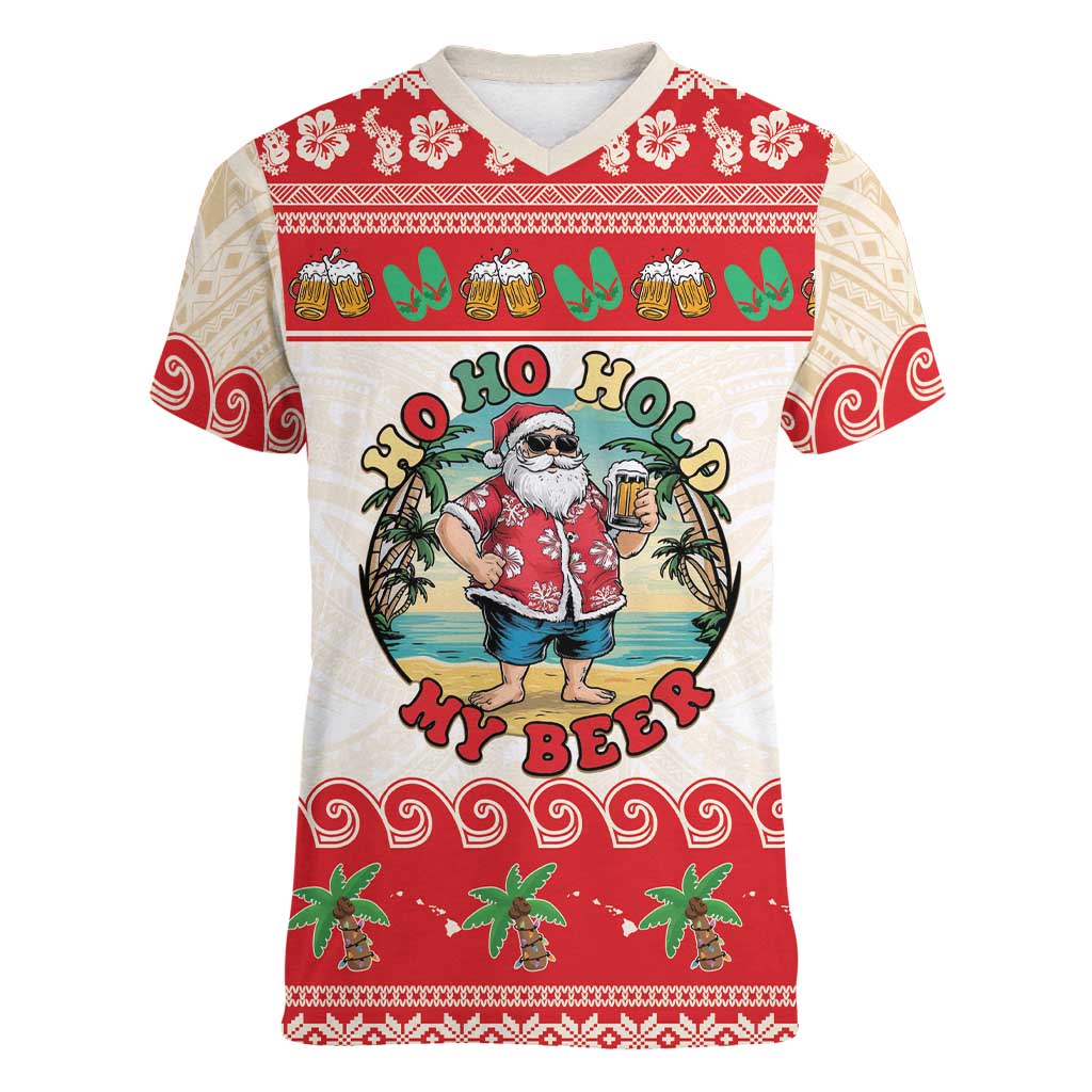 Mele Kalikimaka Hawaii Women V-Neck T-Shirt Funny Beer-Loving Santa Hawaiian Tropical - Polynesian Pride