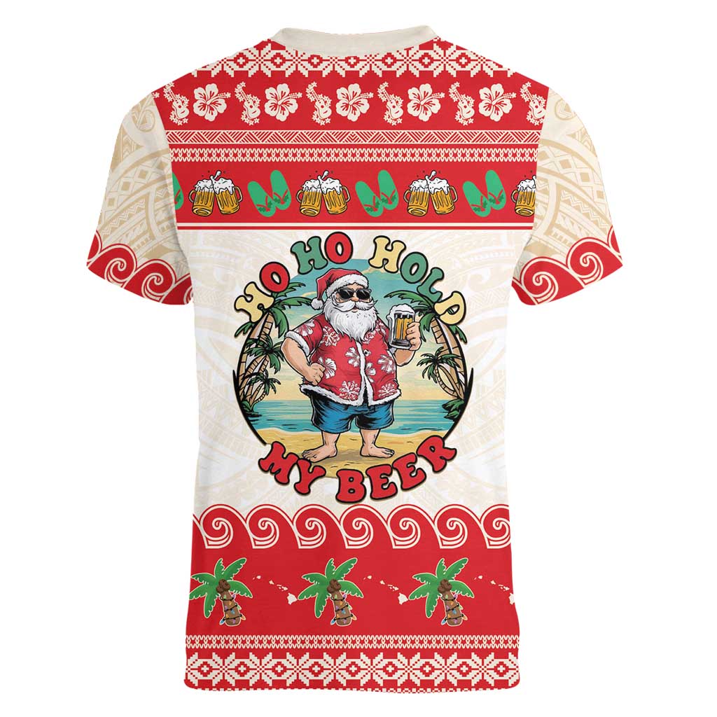 Mele Kalikimaka Hawaii Women V-Neck T-Shirt Funny Beer-Loving Santa Hawaiian Tropical - Polynesian Pride