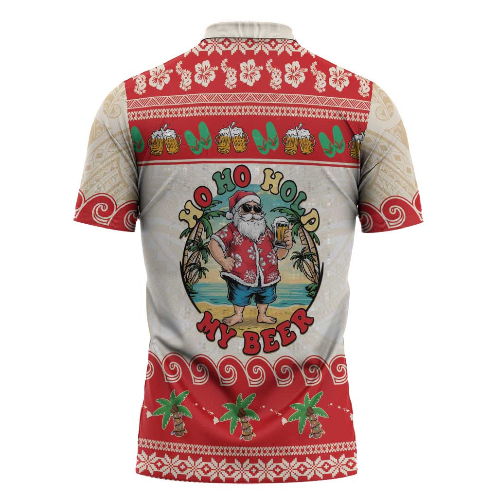 Mele Kalikimaka Hawaii Zipper Polo Shirt Funny Beer-Loving Santa Hawaiian Tropical - Polynesian Pride