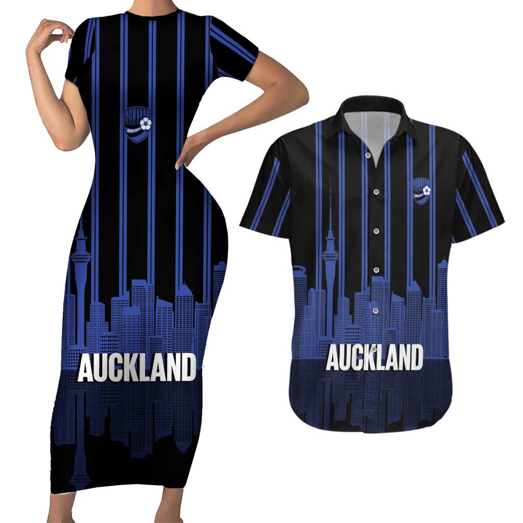 New Zealand Auckland Football Custom Couples Matching Short Sleeve Bodycon Dress and Hawaiian Shirt Go City of Sails Est 2025