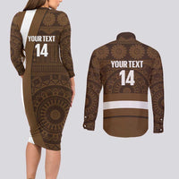 Bula Fiji Football Custom Couples Matching Long Sleeve Bodycon Dress and Long Sleeve Button Shirt One Vanua One Team Tapa Pattern